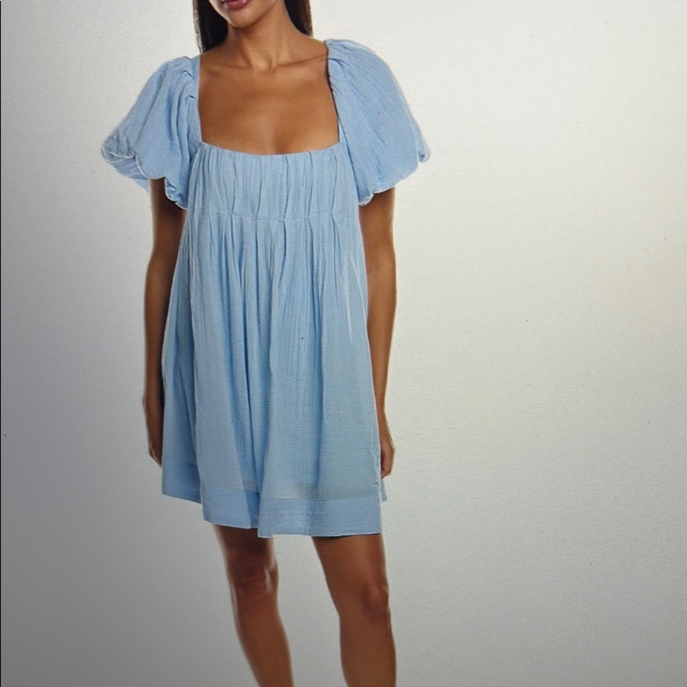 Free People Blue Marina Mini Dress with Puff Sleeves-NWT